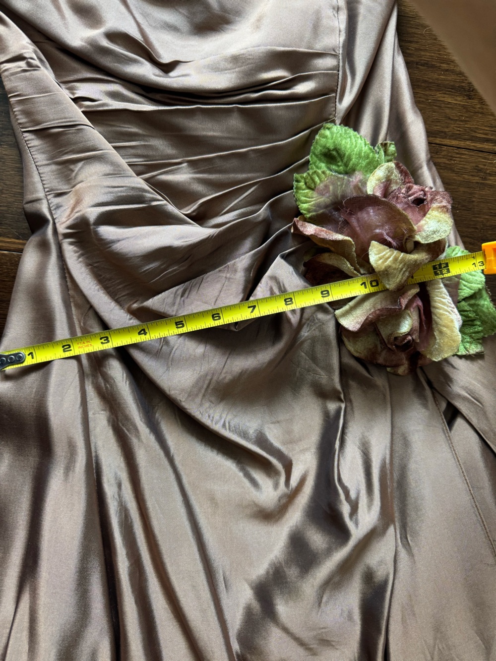 Jessica MACLINTOCK Strapless Satin Evening Gown w/ Velvet Floral Accent - Bronze - Picture 9 of 10